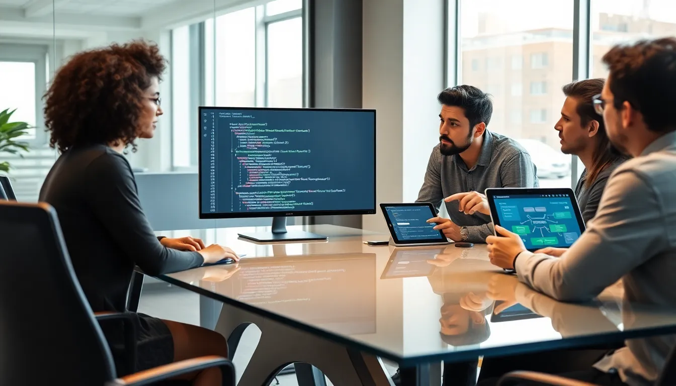 diverse team discussing coding concepts in a modern office.