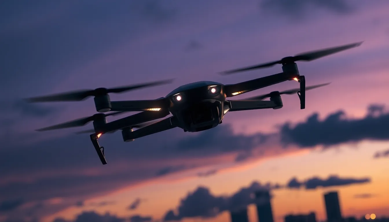 stylized murder drone soaring against a dramatic twilight backdrop.