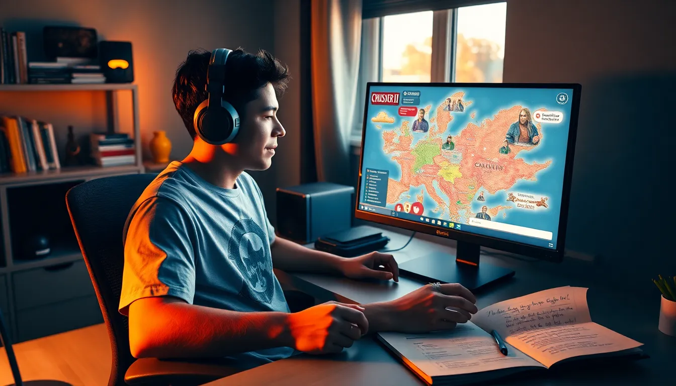 a gamer immersed in writing character stories at a desk with a computer.