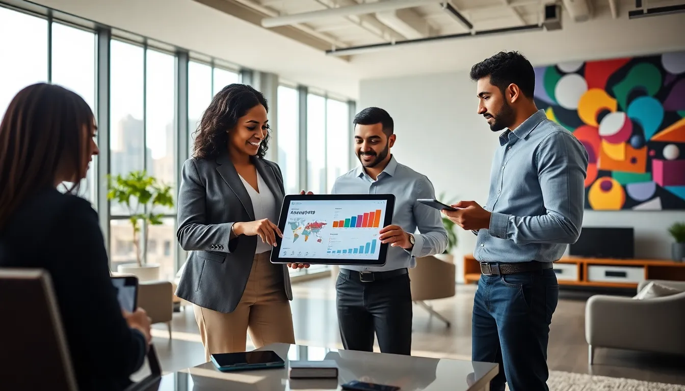 three real estate professionals collaborating in a modern office.