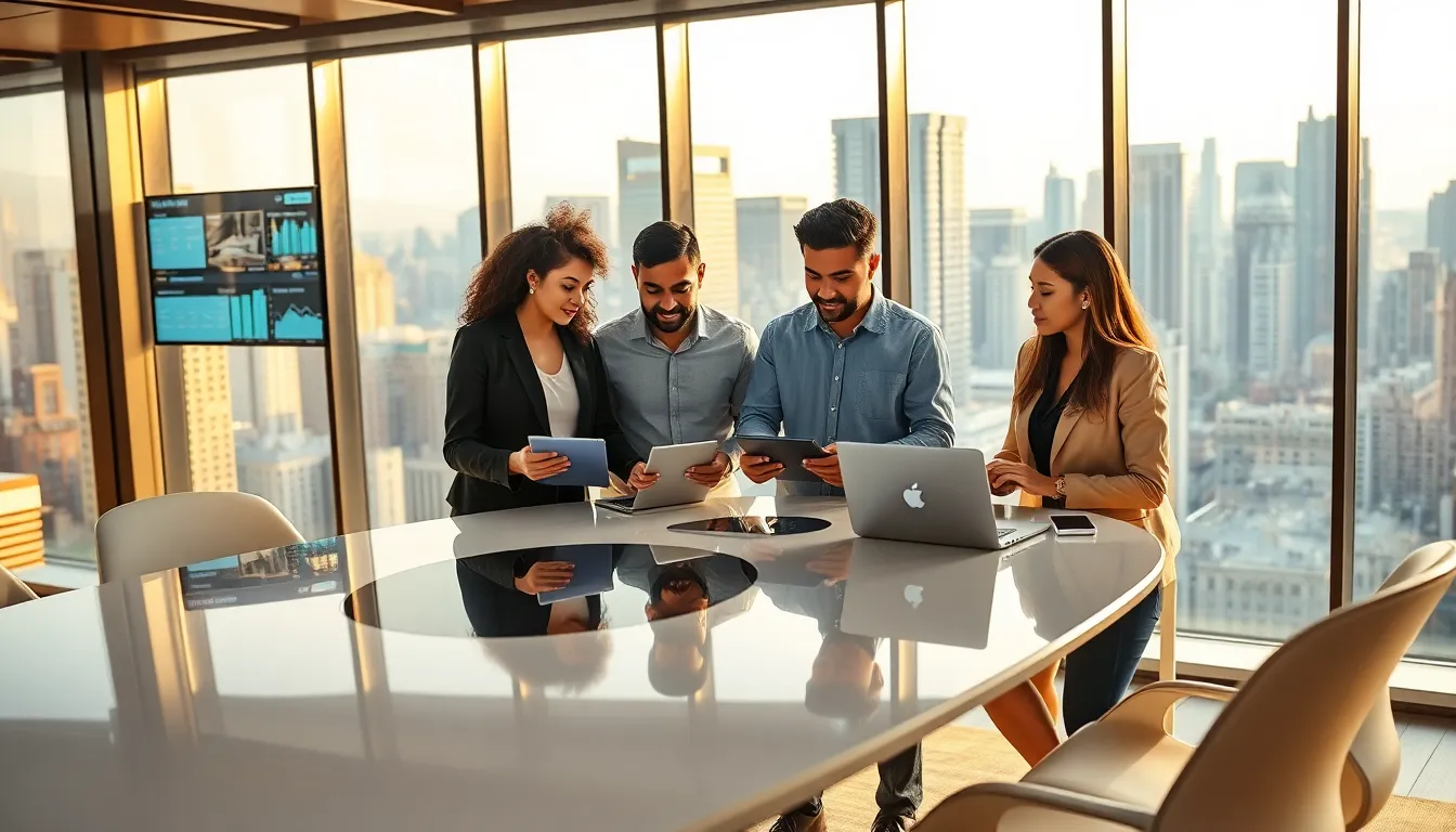 a diverse real estate team using technology in a modern office setting.