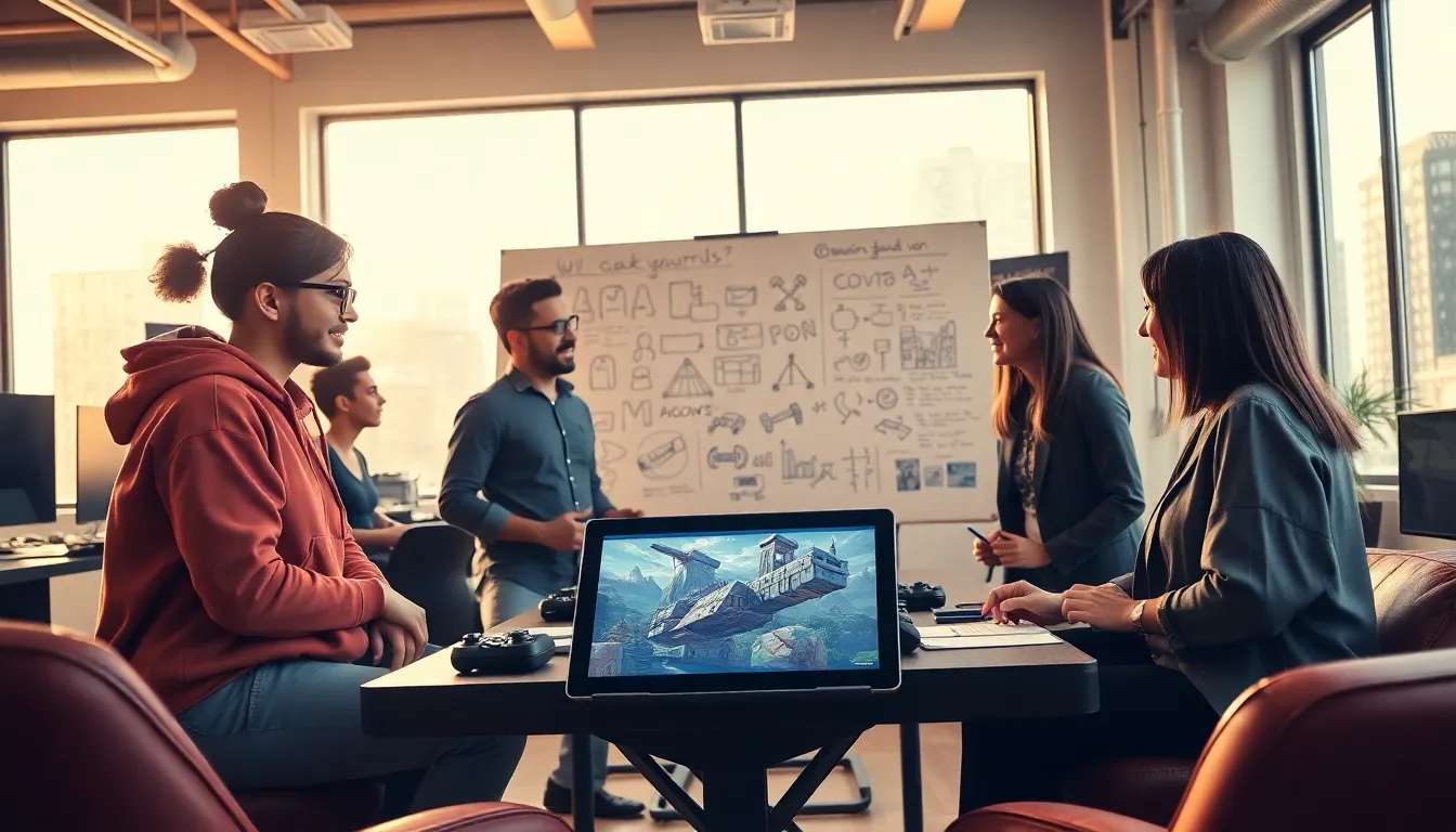 a diverse team brainstorming ideas for a video game in a bright office.
