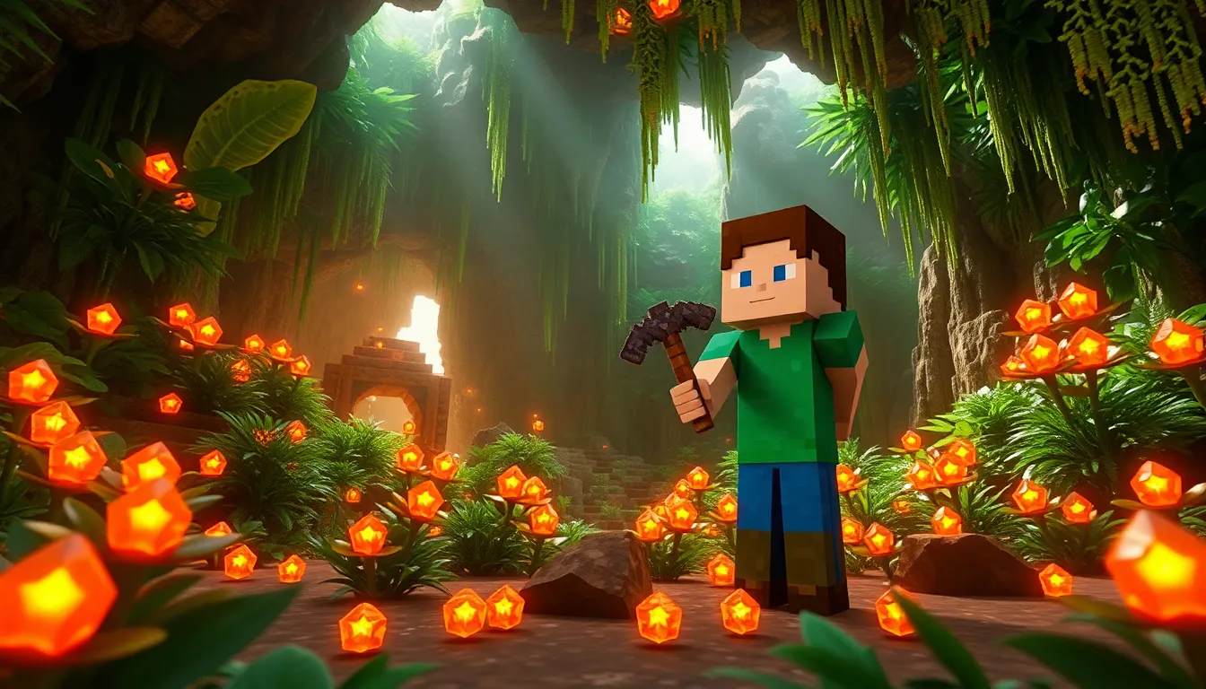 A character excavating artifacts in a vivid Minecraft cave.