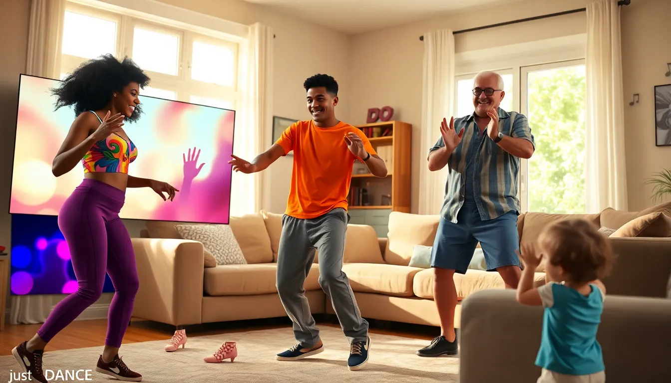 friends dancing in a living room while playing Just Dance 2022.